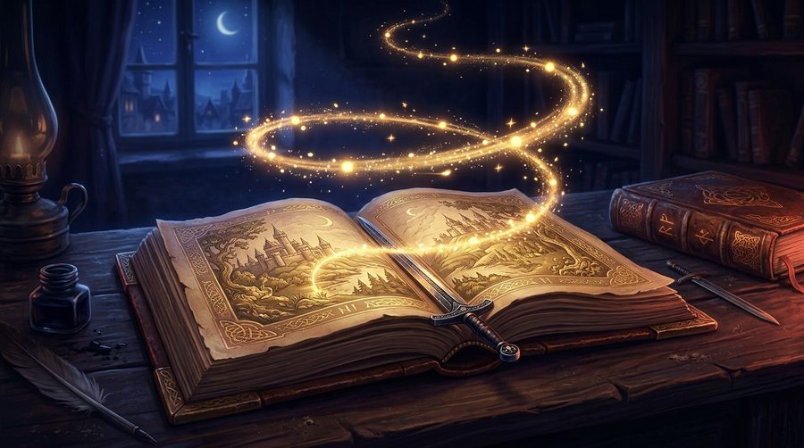Buku kisah tua terbuka di atas meja kayu pada malam hari dengan lintasan cahaya membentuk jalur melingkar